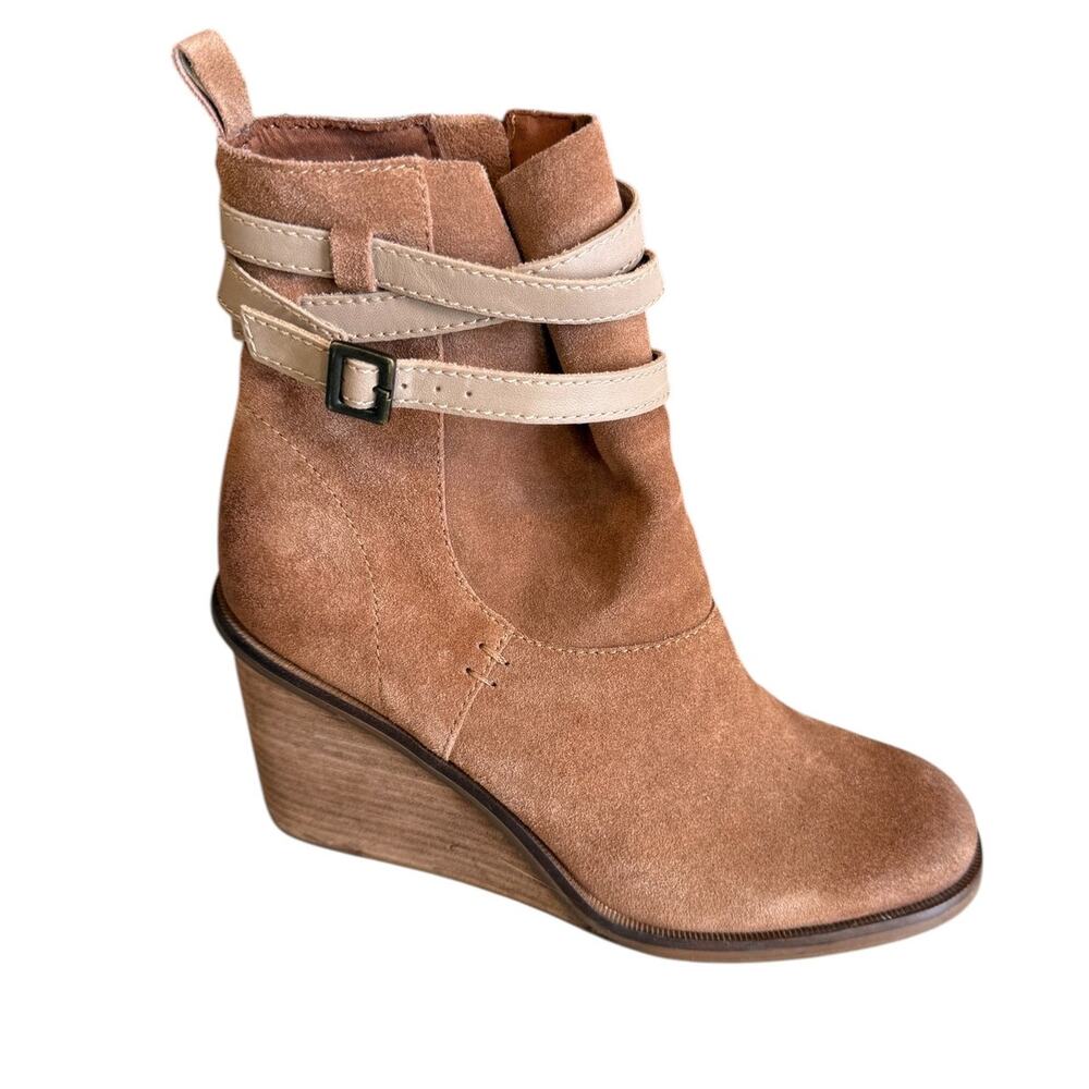 Kelsi Dagger Brooklyn Camel Suede Wedge Ankle Boots Strap Detail 10